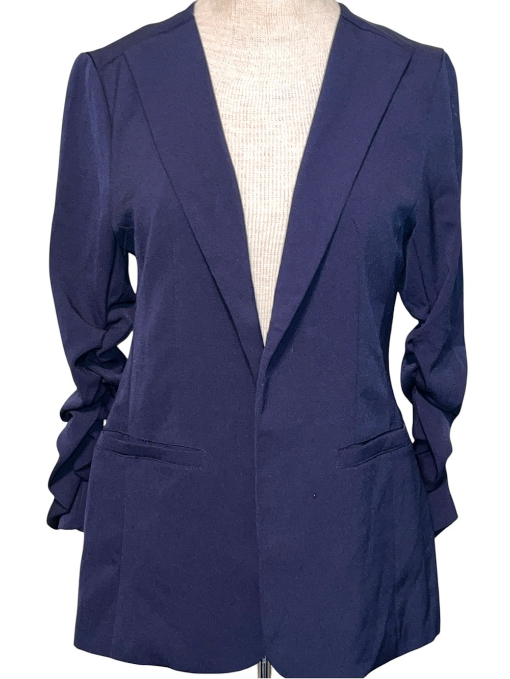 Skies Are Blue Navy Open-Front Ruched-Sleeve Blazer Size Small